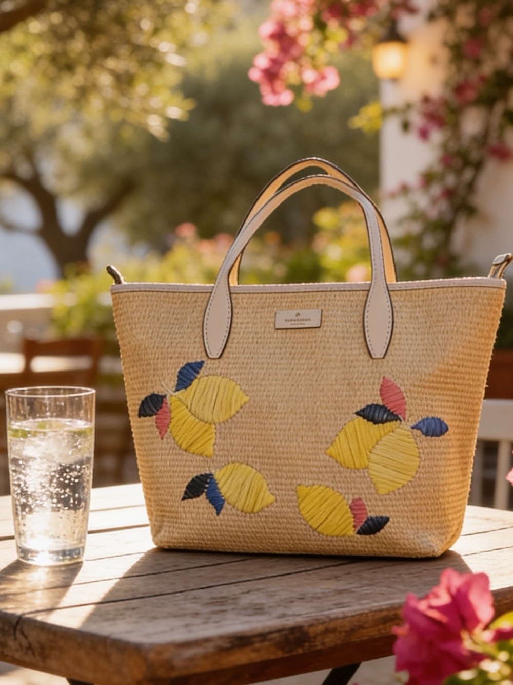 kate spade Cream Straw Tote,shoulder bag with Yellow lemon & Blue Embroidery 🧵